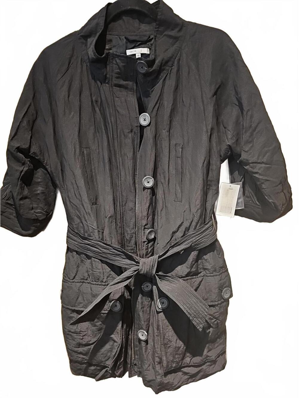 Vince XS Black Belted 3/4 Sleeve Trench Coat Full Zip, Button Gold Threading NWT